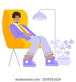 Relaxed businessman lounging in a chair with stylish attire in a casual office environment. Work-life balance and modern professional lifestyle. Vector illustration.