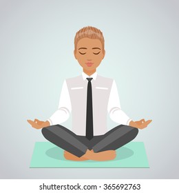 The relaxed businessman meditating doing yoga in lotus position.