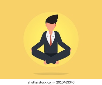 Relaxed businessman meditating float peacefully in air. Deep relaxation concept