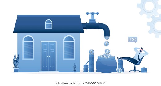 Relaxed businessman with money profit, cash flow from house rental. Make money from house rent or sale, real estate or property investment, housing revenue or profit earning. Flat vector illustration