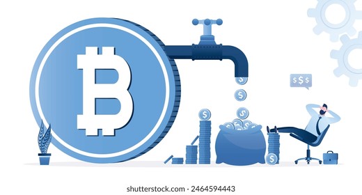 Entspannter Geschäftsmann mit Gewinn aus dem Bitcoin-Handel. Riesige Kryptowährung mit Pipeline und offenem Hahn, Dollarmünzen fallen aus dem Rohr. Glücklicher Händler, der Geld verdient. Cashflow vom Kryptomarkt. flache Vektorgrafik