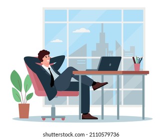 Un hombre de negocios relajado sentado en un sillón de escritorio con ordenador y satisfecho con la productividad del trabajo. Carácter joven descansando en el cargo o escalofriante. Ilustración vectorial plana o cartográfica.