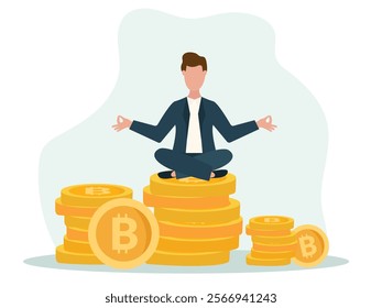 relaxed businessman sitting in lotus potion on bitcoin and meditating. Digital Money. Cryptocurrency Investment Concept.