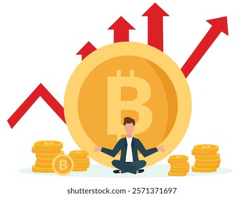 Relaxed businessman sitting near big bitcoin with growing trading graph and meditating. Digital Money. Cryptocurrency Investment Concept.