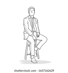 Relaxed businessman sitting on bar stool. Line drawing vector illustration.