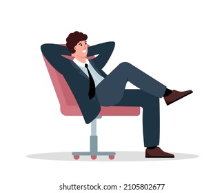 Relaxed businessman or student sitting in armchair and relax. Male person young man freelancer resting and thinking about something good or chilling after work. Flat or cartoon Vector illustration.