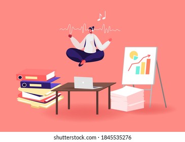 Relaxed Businesswoman Character Doing Yoga Meditation in Lotus Posture in Office Workplace Soaring over Desk Calm Down Stressful Emotion from Hard Work, Worker Relaxation. Cartoon Vector Illustration