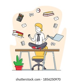Relaxed Businesswoman Character Doing Yoga Meditation in Lotus Pose in Office Workplace Sit at Desk with Flying Stationery in Air. Calm Stressful Emotion Relaxation. Linear People Vector Illustration