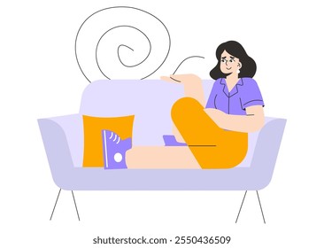 Relaxed Businesswoman concept. Professional woman unwinding on a sofa with laptop. Work-life balance, home office, leisure time. Vector illustration.