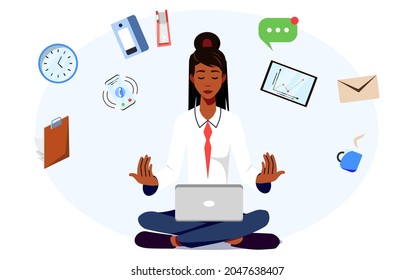 Relaxed Businesswoman doing Yoga. Happy Man wearing suit and sitting in Lotus Pose. Meditation in the Office. Focus and Concentration on the Job Concept. Vector Cartoon Character.