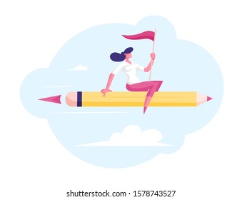 Relaxed Businesswoman with Red Flag in Hand Flying on Huge Pen like on Rocket Engine to Success. Business Competition, Leadership, Creative Idea Project Concept. Cartoon Flat Vector Illustration