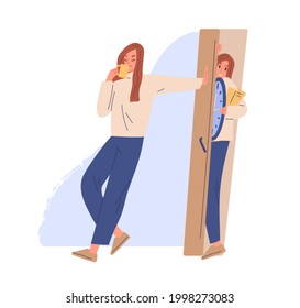 Relaxed carefree person resting at coffee break, ignoring urgent work and missing deadline. Lazy irresponsible woman dont care about business. Flat vector illustration isolated on white background