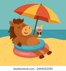 Relaxed cartoon horse sunbathing on the beach with a tropical cocktail, under a bright umbrella and floating rings, flat summer animal illustration with ocean background and chill vacation vibes