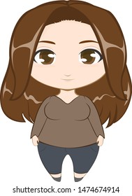 Relaxed casual brunette girl with long hair and brown eyes wearing an earth tone long-sleeved shirt and blue jeans.  Isolated vector avatar on a transparent / white background.