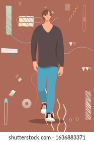 Relaxed casual man walking .Full body length portrait isolated  background..Vector illustration.
