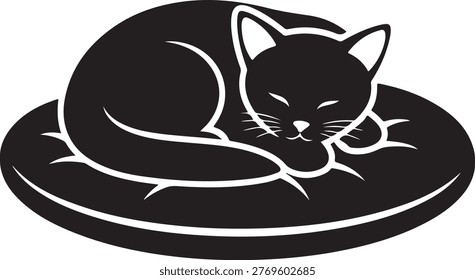 A relaxed cat curled up inside a stylish top hat silhouette. silhouette vector icon
