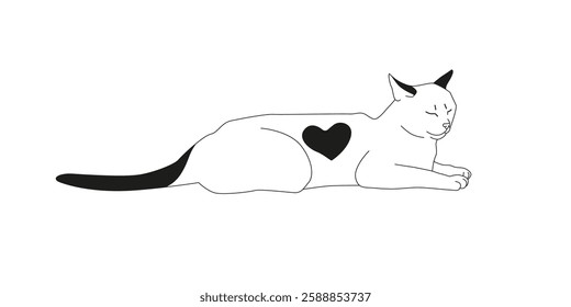 Relaxed cat with a heart-shaped spot illustration. Lying-down peaceful feline in modern minimalist style. Black and white vector calm cat drawing