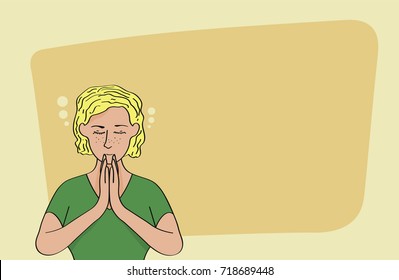 Relaxed caucasian blond woman meditating isolated on yellow background. Girl holding hands in namaste. Copyspace for text