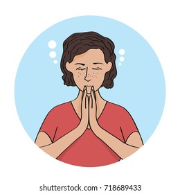 Relaxed caucasian brunette woman meditating isolated on blue circle. Girl holding hands in namaste. Vector illustration