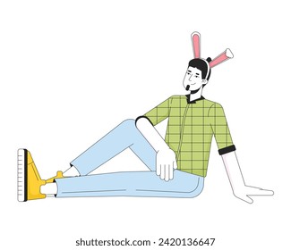 Relaxed caucasian man with rabbit ears 2D linear cartoon character. European guy Easter bunny ears isolated line vector person white background. Eastertime celebration color flat spot illustration