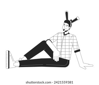 Relaxed caucasian man with rabbit ears black and white 2D line cartoon character. European guy Easter bunny ears isolated vector outline person. Eastertime monochromatic flat spot illustration