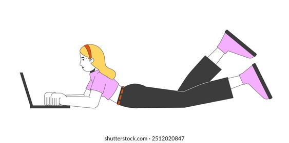 Relaxed caucasian woman typing on laptop 2D cartoon character. Online services. Female freelancer working from home isolated person flat vector on white background. Spot illustration colorful
