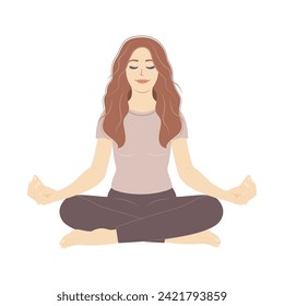 Relaxed character woman   in lotus position. Human mental health. Yoga, meditation and mental fullness.  Cartoon flat vector illustrations. International Yoga Day. 