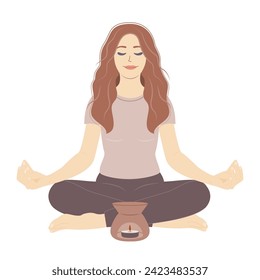 Relaxed character woman   in lotus position. Human mental health. Yoga, meditation and mental fullness.  Cartoon flat vector illustrations. International Yoga Day. 