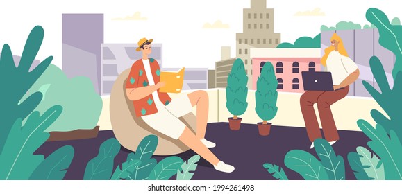 Relajados personajes sentados en cómodos sillones relajantes en el invernadero de la azotea. Hombre disfrutando la lectura, mujer trabaja en una laptop sentada en un jardín verde de techo con plantas. Ilustración de vectores de personas de caricatura