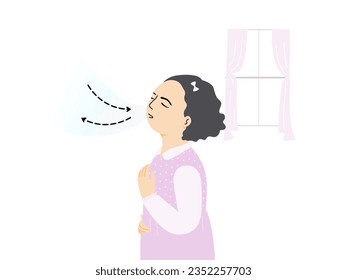 Relaxed child girl breathing exercise at home. flat vector illustration.	