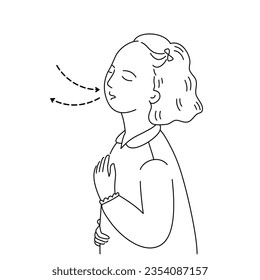 Relaxed child girl breathing exercise for manage her stress and depression. out line cartoon vector.	