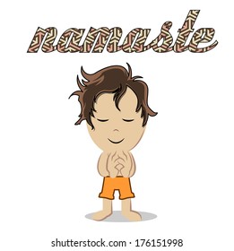 relaxed child on her yoga pose, namaste text on white background.