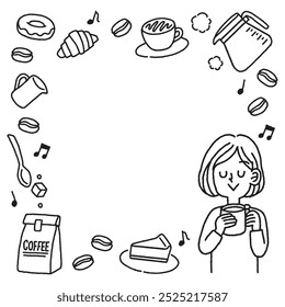 Relaxed coffee break hand drawn monochrome icons frame