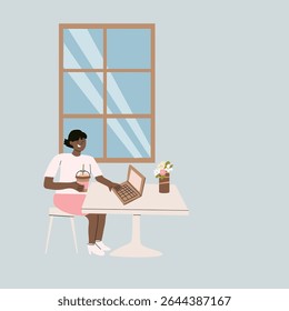 Pausa de café relaxada com laptop em um ambiente de café minimalista.