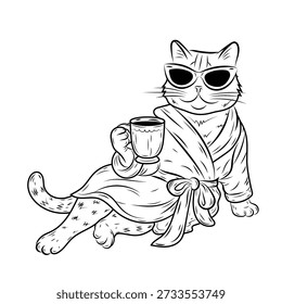 Relaxed Coffee Cat in Bathrobe, Cozy Lifestyle Cat Illustration, Hand Drawn Character
