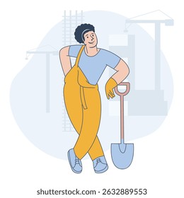Trabalhador de construção relaxado inclinando-se sobre a ilustração do vetor plano da pá
