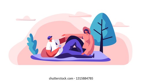 Relaxed Couple on Picnic Man and Woman Lying down on Blanket in City Park. Happy Pair Rest in Urban Garden. Man Hold Glass. Joyful Summer Leisure. Flat Cartoon Vector Illustration