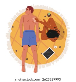 Relaxed couple rest on beach vector illustration. Girlfriend applying skincare sunblock cream on boyfriend back to protect from sunburn cartoon scene. Tropical resort romantic leisure activity