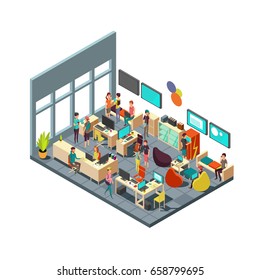 Relaxed creative people meeting in room interior. 3d isometric coworking and teamwork vector concept. Teamwork in office room illustration