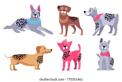 Relaxed doberman, friendly rottweiler, German wirehaired pointer, cute dachshund, Chinese crested dog and calm malamute vector illustrations.