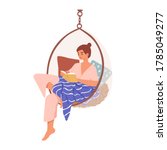 Relaxed domestic girl sitting in comfy hanging chair reading book vector flat illustration. Woman resting covered blanket surrounded by pillows isolated. Female enjoying recreation and selftime