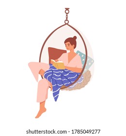 Relaxed domestic girl sitting in comfy hanging chair reading book vector flat illustration. Woman resting covered blanket surrounded by pillows isolated. Female enjoying recreation and selftime - Shutterstock ID 1785049277