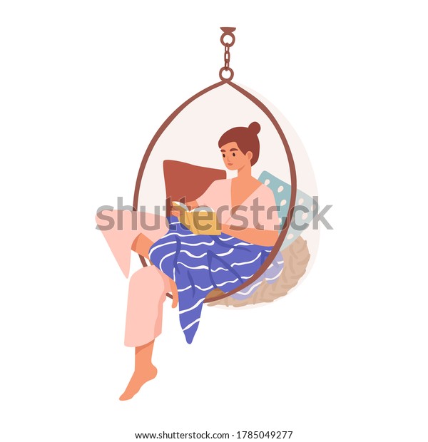 Relaxed domestic girl sitting in comfy hanging\
chair reading book vector flat illustration. Woman resting covered\
blanket surrounded by pillows isolated. Female enjoying recreation\
and selftime