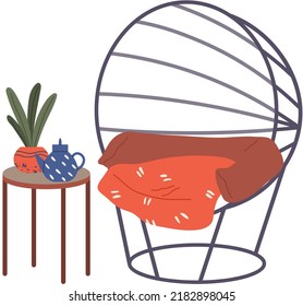 Relaxed domestic place for sitting in comfy hanging chair reading book drinking tea, enjoying recreation and selftime. Cozy room interior with modern furniture, isolated place for rest and relaxation