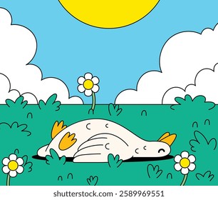 Relaxed duck lying in the grass under a yellow bright sun cute cartoon vector hand drawn illustration