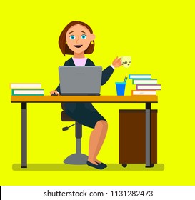 Relaxed entrepreneur working online watching a laptop and holding a cup of coffee sitting in a desk at office. Vector illustration in a flat style.