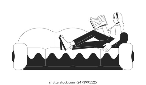 Relaxed european woman reading book on sofa black and white 2D line cartoon character. Caucasian female relaxing isolated vector outline person. Lo fi lifestyle monochromatic flat spot illustration