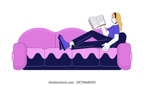 Relaxed european woman reeding book on sofa 2D linear cartoon character. Caucasian female enjoying relaxation isolated line vector person white background. Lo fi lifestyle color flat spot illustration