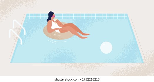 Relaxed fashionable woman with cocktail at swimming pool vector flat illustration. Female in swimsuit and sunglasses floating on rubber ring. Tanned girl in bikini enjoying summer vacation