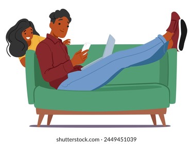 Relaxed Father Character Lying In Sofa, Engrossed In His Smartphone And Laptop, Browsing And Shopping Online, While His Young Daughter Plays Nearby. Cartoon People Vector Illustration